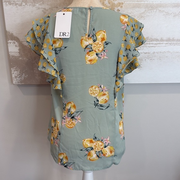 Floral Lemon Print Ruffle Sleeve Top - soft Green size small - Picture 3 of 5